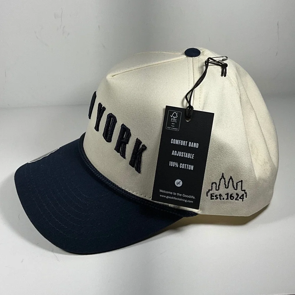 Goodlife New York Embroidered Snapback Hat Cream Navy Blue Cotton Est 1624 Cap